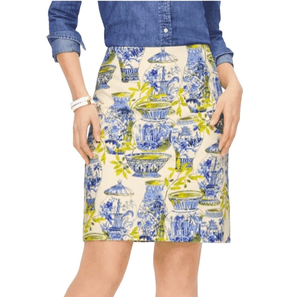 Talbots Watercolor Vases Pencil Skirt Cotton Canvas Ivory Blue Yellow Size 14